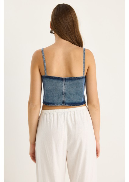 Kadın Ince Askılı V Yaka Crop Denim Bluz