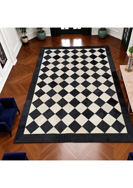 Siyah Beyaz Baklava Desenli Dana Derisi Patchwork Halı – El Yapımı Modern Salon Halısı modelleri