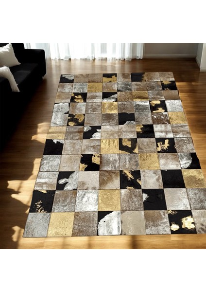 Altın Gümüş Renkli Dana Derisi Patchwork Halı – El Yapımı Hakiki Deri Lüks Salon Halısı fiyatları