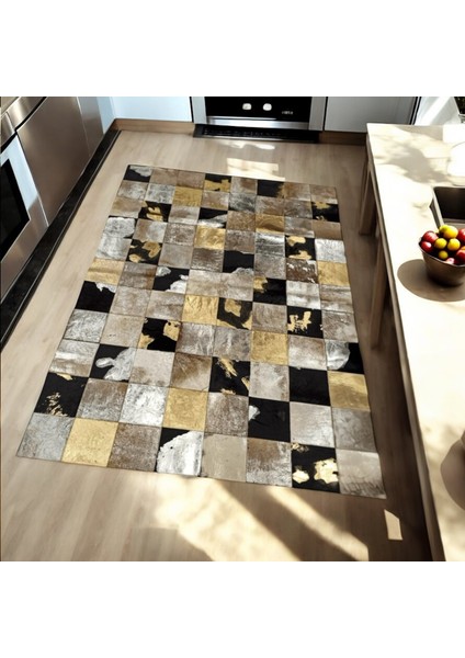 Altın Gümüş Renkli Dana Derisi Patchwork Halı – El Yapımı Hakiki Deri Lüks Salon Halısı modelleri