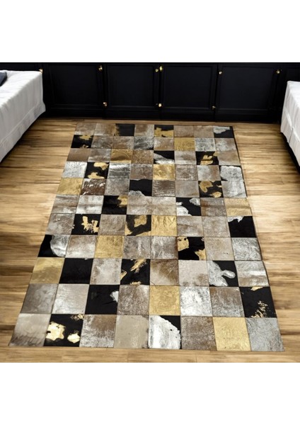 Altın Gümüş Renkli Dana Derisi Patchwork Halı – El Yapımı Hakiki Deri Lüks Salon Halısı fırsatları
