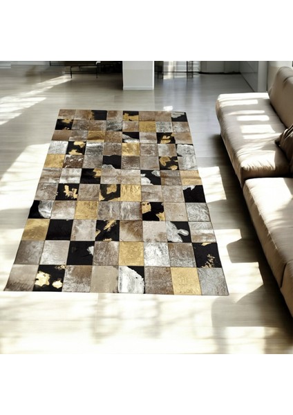 Altın Gümüş Renkli Dana Derisi Patchwork Halı – El Yapımı Hakiki Deri Lüks Salon Halısı indirimleri