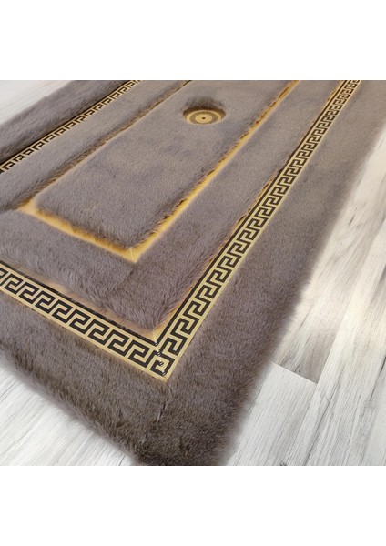 Altın Bordürlü Koyu Gri Peluş Halı – El Yapımı Modern ve Şık Salon Halısı indirimleri