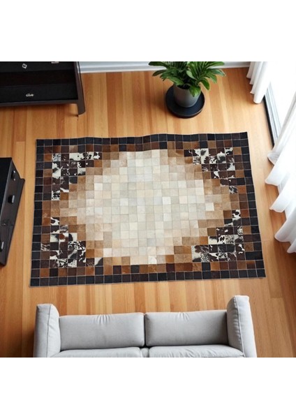 Üç Renkli Patchwork Halı – Kahverengi Ağırlıklı El Yapımı Dana Derisi Halı