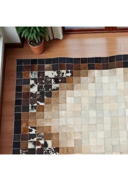 Üç Renkli Patchwork Halı – Kahverengi Ağırlıklı El Yapımı Dana Derisi Halı fiyatları