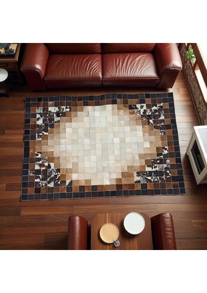 Üç Renkli Patchwork Halı – Kahverengi Ağırlıklı El Yapımı Dana Derisi Halı modelleri