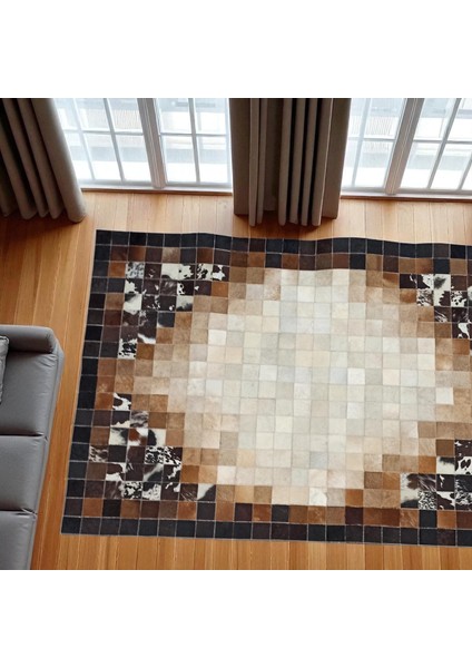 Üç Renkli Patchwork Halı – Kahverengi Ağırlıklı El Yapımı Dana Derisi Halı indirimleri