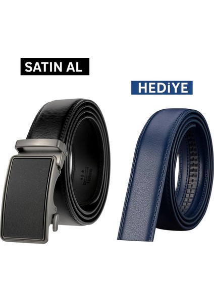 Otomatik Tokalı Deliksiz Siyah Kemer + Yedek Lacivert Kemer Hediye
