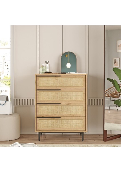 Bohem Şifonyer 4 Çekmece Metal Ayaklı Uv Baskı Sepet-Jüt BOH17-SU