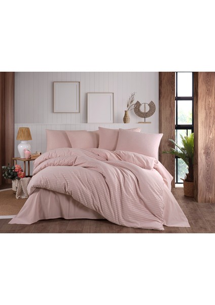 Pudra Renkli Natural Çizgili Çift Kişilik Nevresim Takımı