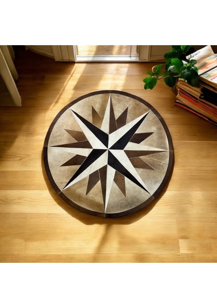 Pusula Desenli Yuvarlak Dana Derisi Halı - Oturma Odası Halısı, Şık ve Modern Dekorasyon Halısı