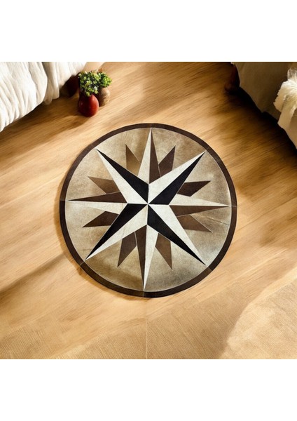 Pusula Desenli Yuvarlak Dana Derisi Halı - Oturma Odası Halısı, Şık ve Modern Dekorasyon Halısı fiyatları