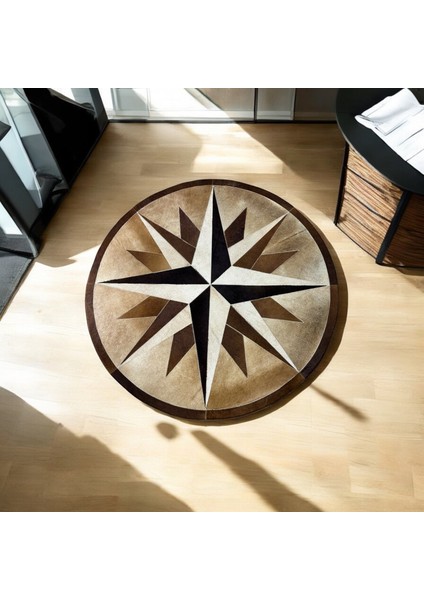 Pusula Desenli Yuvarlak Dana Derisi Halı - Oturma Odası Halısı, Şık ve Modern Dekorasyon Halısı modelleri
