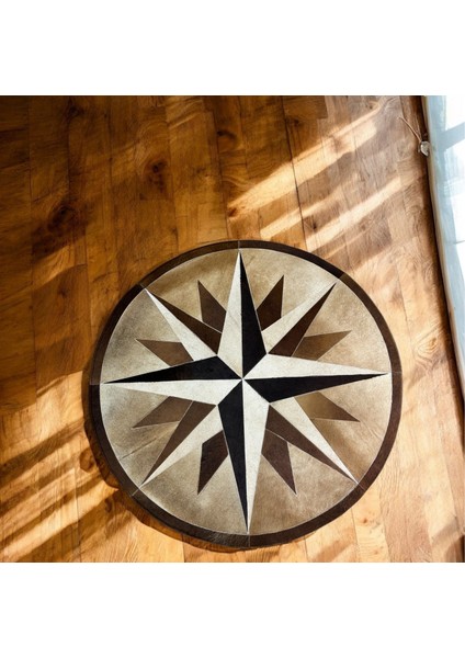 Pusula Desenli Yuvarlak Dana Derisi Halı - Oturma Odası Halısı, Şık ve Modern Dekorasyon Halısı fırsatları