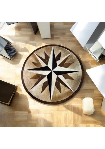 Pusula Desenli Yuvarlak Dana Derisi Halı - Oturma Odası Halısı, Şık ve Modern Dekorasyon Halısı indirimleri