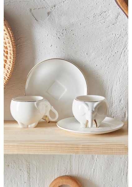 Iki Kişilik Beyaz Porselen Kahve Fincan Takımı, 90 Ml, Şık ve Zarif Tasarım