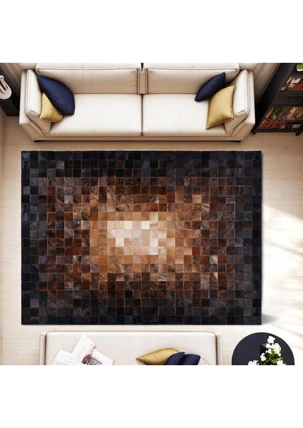 Doğal Dana Derisi Patchwork Halı, Koyu Kahve Modern Dekoratif Halı, Kaymaz Tabanlı Halı