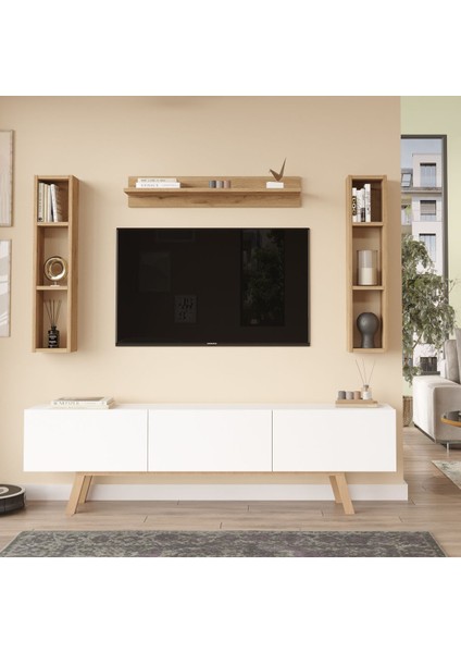 Jabari Tv Ünitesi Raflı 3 Kapaklı 180CM Ahşap Ayaklı Beyaz-Sepet Jab3-Ws