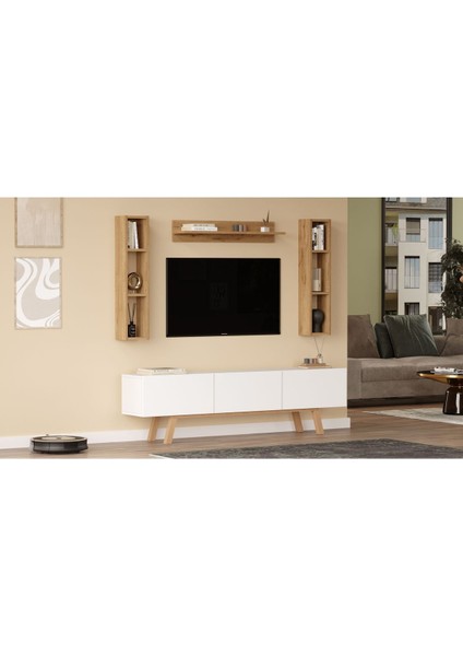 Jabari Tv Ünitesi Raflı 3 Kapaklı 180CM Ahşap Ayaklı Beyaz-Sepet Jab3-Ws modelleri