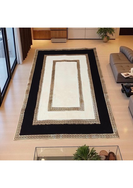 Altın Bordürlü Krem Peluş Halı - Yumuşak Şık Oturma Odası Halısı modelleri