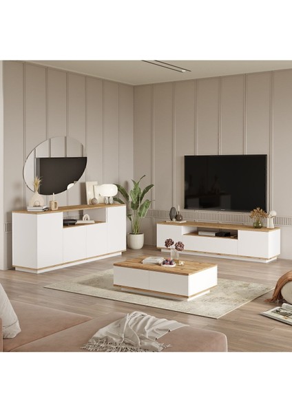 Aven Tv Ünitesi Orta Sehpa Konsol 3'lü Set Çam-Beyaz AVE18-AW fiyatları