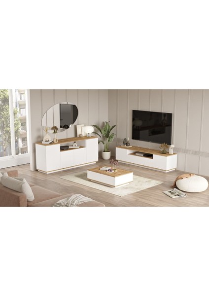 Aven Tv Ünitesi Orta Sehpa Konsol 3'lü Set Çam-Beyaz AVE18-AW modelleri