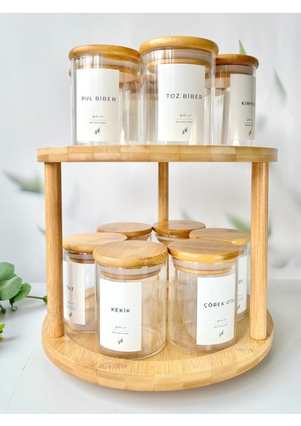 12'li Bambu ve Cam Baharat Seti, Vakum Kapaklı, Standlı, Şık ve Dayanıklı