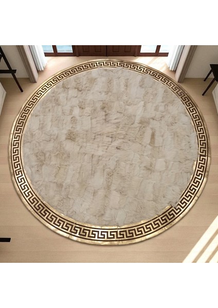 Altın Bordürlü Yuvarlak Beyaz Toskana Kürkü Halı - Şık ve Lüks Salon Halısı modelleri