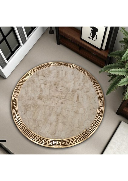 Altın Bordürlü Yuvarlak Beyaz Toskana Kürkü Halı - Şık ve Lüks Salon Halısı fırsatları
