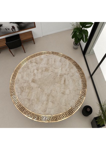 Altın Bordürlü Yuvarlak Beyaz Toskana Kürkü Halı - Şık ve Lüks Salon Halısı indirimleri