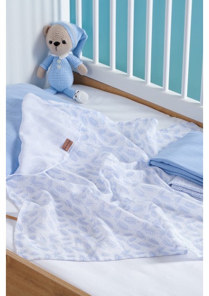Mavi Bebek Müslin Örtü Seti 3'lü, Yumuşak ve Hafif Bebek Örtüleri Seti