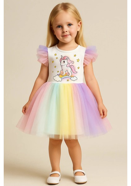 Kız Çocuk Unicorn Elbise Tüllü Elbise Rengarenk Doğum Günü ve Parti Elbisesi 1-9 Yaş
