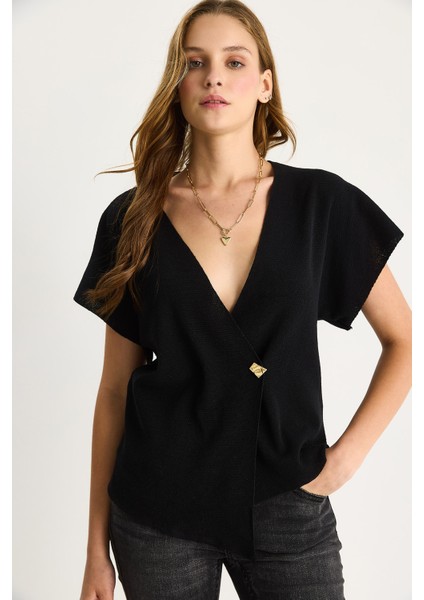 Kadın Gold Düğme Detaylı Kruvaze V Yaka Triko Bluz fiyatları