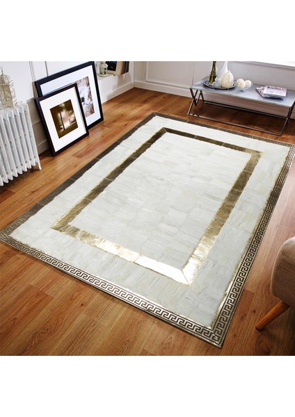 Altın Çerçeveli Krem Renkli Gerçek Koyun Derisi Halı, El Dokuma Şık Halı