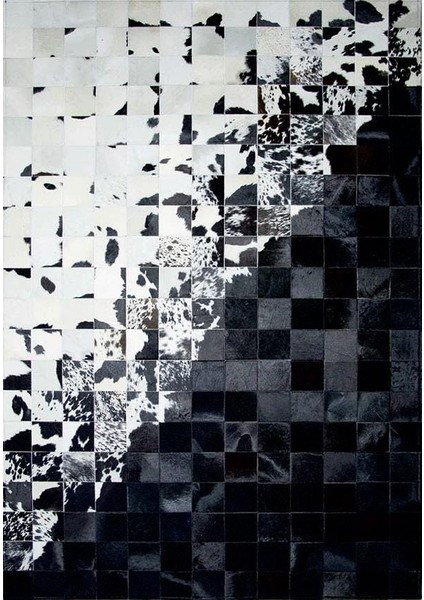 Siyah Beyaz Doğal Dana Derisi Patchwork Halı – El Yapımı Hakiki Deri Modern Giriş Halısı