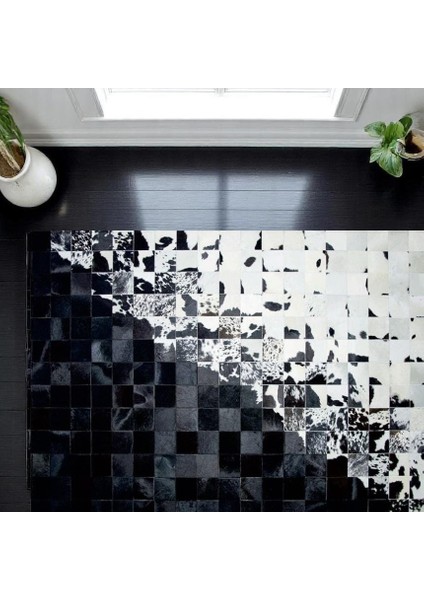 Siyah Beyaz Doğal Dana Derisi Patchwork Halı – El Yapımı Hakiki Deri Modern Giriş Halısı fiyatları