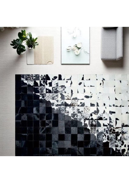 Siyah Beyaz Doğal Dana Derisi Patchwork Halı – El Yapımı Hakiki Deri Modern Giriş Halısı modelleri