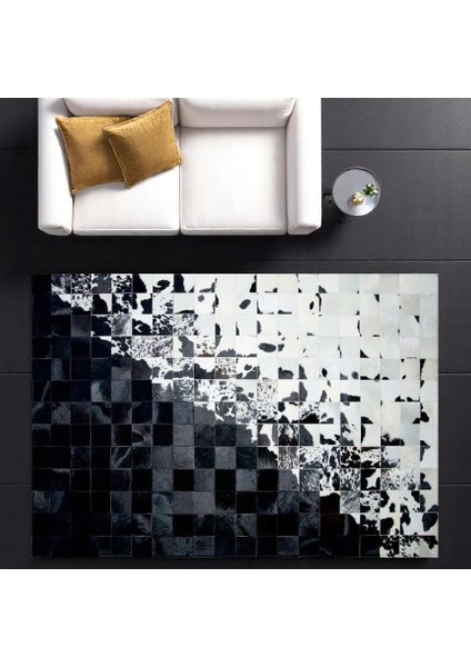 Siyah Beyaz Doğal Dana Derisi Patchwork Halı – El Yapımı Hakiki Deri Modern Giriş Halısı fırsatları