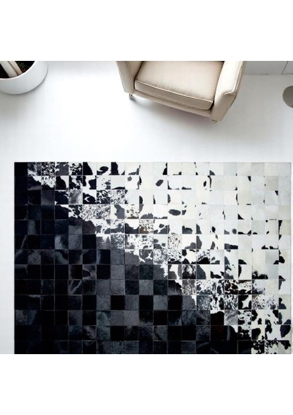 Siyah Beyaz Doğal Dana Derisi Patchwork Halı – El Yapımı Hakiki Deri Modern Giriş Halısı indirimleri