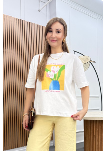 Always Flowers Baskılı %100 Pamuk T-Shirt