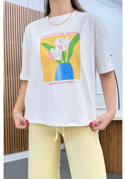 Always Flowers Baskılı %100 Pamuk T-Shirt fiyatları