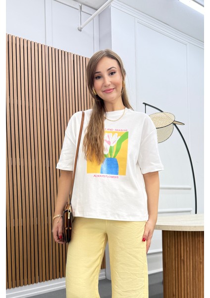 Always Flowers Baskılı %100 Pamuk T-Shirt modelleri