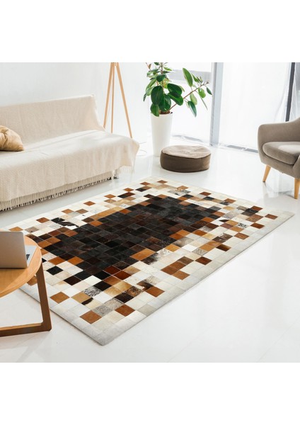 Kahverengi Siyah Bej Gerçek Dana Derisi Halı – El Yapımı Patchwork Hakiki Deri Salon Halısı