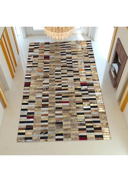 Altın Gümüş Dana Derisi Patchwork Halı – El Yapımı Işıltılı Lüks Salon Halısı indirimleri