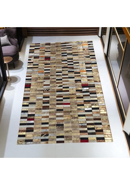 Altın Gümüş Dana Derisi Patchwork Halı – El Yapımı Işıltılı Lüks Salon Halısı fırsatları