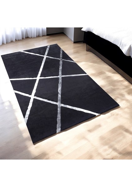 Gümüş Çizgili Siyah Peluş Halı - Şık Modern Salon Halısı fırsatları