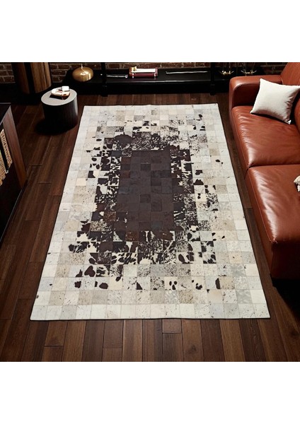 Kahverengi Beyaz Doğal Dana Derisi Patchwork Halı, Rustik Tarzda Hakiki Deri Salon Halısı