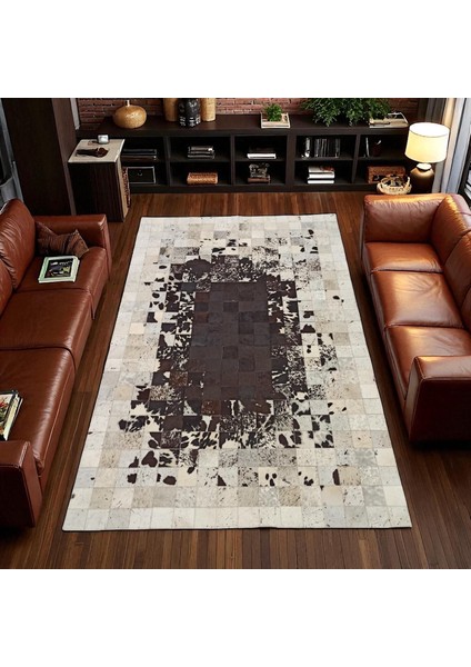 Kahverengi Beyaz Doğal Dana Derisi Patchwork Halı, Rustik Tarzda Hakiki Deri Salon Halısı fiyatları
