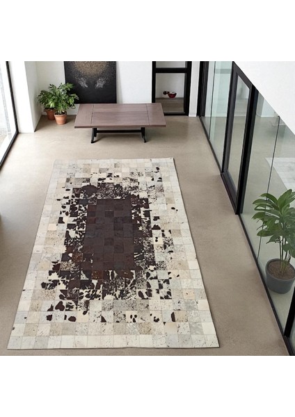 Kahverengi Beyaz Doğal Dana Derisi Patchwork Halı, Rustik Tarzda Hakiki Deri Salon Halısı fırsatları