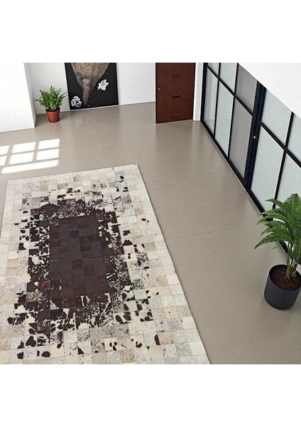 Kahverengi Beyaz Doğal Dana Derisi Patchwork Halı, Rustik Tarzda Hakiki Deri Salon Halısı indirimleri